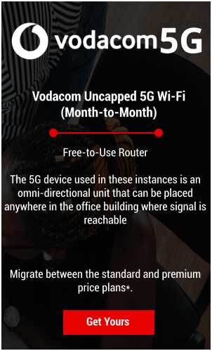 Vodacom Uncapped 5G Wi-Fi (Month-to-Month) Get Yours Free-to-Use Router  The 5G device used in these instances is an omni-directional unit that can be placed anywhere in the office building where signal is reachable    Migrate between the standard and premium price plans*. 5G