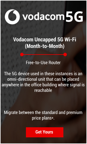 Vodacom Uncapped 5G Wi-Fi (Month-to-Month) Get Yours Free-to-Use Router  The 5G device used in these instances is an omni-directional unit that can be placed anywhere in the office building where signal is reachable    Migrate between the standard and premium price plans*. 5G
