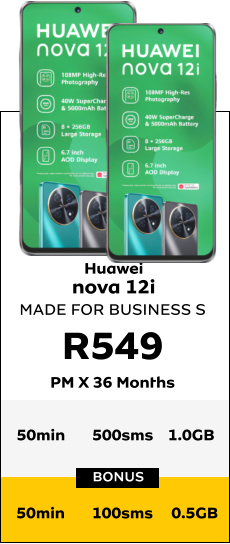 Huawei nova 12i MADE FOR BUSINESS S R549 PM X 36 Months BONUS 50min	500sms	1.0GB  50min	100sms	 0.5GB