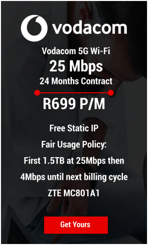 Vodacom 5G Wi-Fi  25 Mbps 24 Months Contract Get Yours R699 P/M  Free Static IP Fair Usage Policy:  First 1.5TB at 25Mbps then 4Mbps until next billing cycle ZTE MC801A1