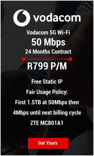 Vodacom 5G Wi-Fi  50 Mbps 24 Months Contract Get Yours R799 P/M  Free Static IP Fair Usage Policy:  First 1.5TB at 50Mbps then 4Mbps until next billing cycle ZTE MC801A1
