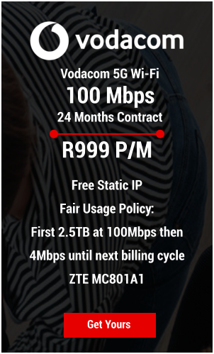 Vodacom 5G Wi-Fi  100 Mbps 24 Months Contract Get Yours R999 P/M  Free Static IP Fair Usage Policy:  First 2.5TB at 100Mbps then 4Mbps until next billing cycle ZTE MC801A1