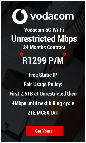 Vodacom 5G Wi-Fi Unrestricted Mbps 24 Months Contract Get Yours R1299 P/M  Free Static IP Fair Usage Policy:  First 2.5TB at Unrestricted then 4Mbps until next billing cycle ZTE MC801A1