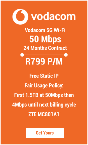 Vodacom 5G Wi-Fi  50 Mbps 24 Months Contract Get Yours R799 P/M  Free Static IP Fair Usage Policy:  First 1.5TB at 50Mbps then 4Mbps until next billing cycle ZTE MC801A1