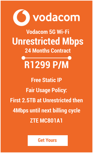 Vodacom 5G Wi-Fi Unrestricted Mbps 24 Months Contract Get Yours R1299 P/M  Free Static IP Fair Usage Policy:  First 2.5TB at Unrestricted then 4Mbps until next billing cycle ZTE MC801A1