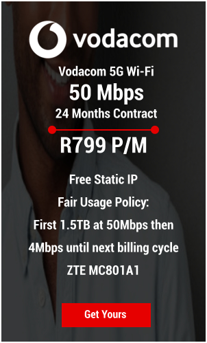 Vodacom 5G Wi-Fi  50 Mbps 24 Months Contract Get Yours R799 P/M  Free Static IP Fair Usage Policy:  First 1.5TB at 50Mbps then 4Mbps until next billing cycle ZTE MC801A1