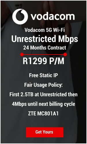 Vodacom 5G Wi-Fi Unrestricted Mbps 24 Months Contract Get Yours R1299 P/M  Free Static IP Fair Usage Policy:  First 2.5TB at Unrestricted then 4Mbps until next billing cycle ZTE MC801A1