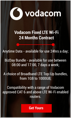 Vodacom Fixed LTE Wi-Fi  24 Months Contract Get Yours Anytime Data - available for use 24hrs a day;  BizDay Bundle - available for use between 08:00 and 17:00, 7 days a week;  A choice of Broadband LTE Top-Up bundles, from 1GB to 1000GB;  Compatibility with a range of Vodacom approved CAT 6 and above LTE Wi-Fi enabled routers.